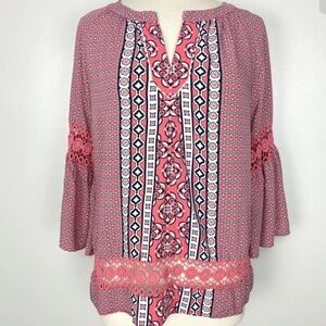 Crown & Ivy Womens Peasant Crochet Insert Bell Sleeve Blouse PXL Coral Shirt Top